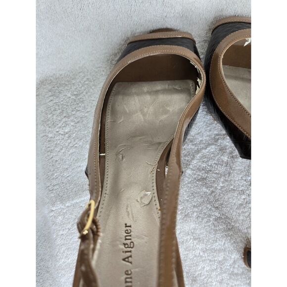 Etienne Aigner Vintage Womens Kitten Heels Size 11 Brown Tan Peep Toe Sling Back - Picture 6 of 7